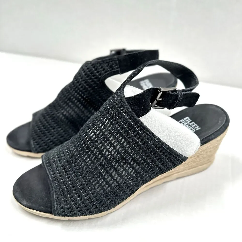 Eileen Fisher Espadrille Sandals 9 Aura Black Suede Mesh Slingback Wedge Shoes